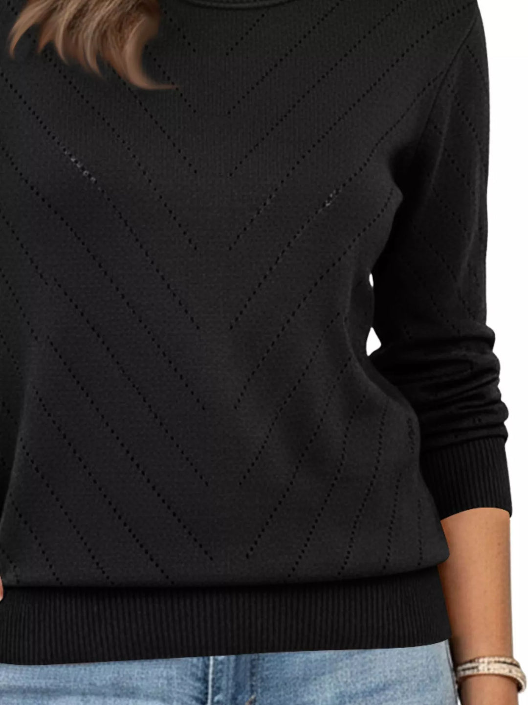 Openwork chevron knit crew neck pullover sweater