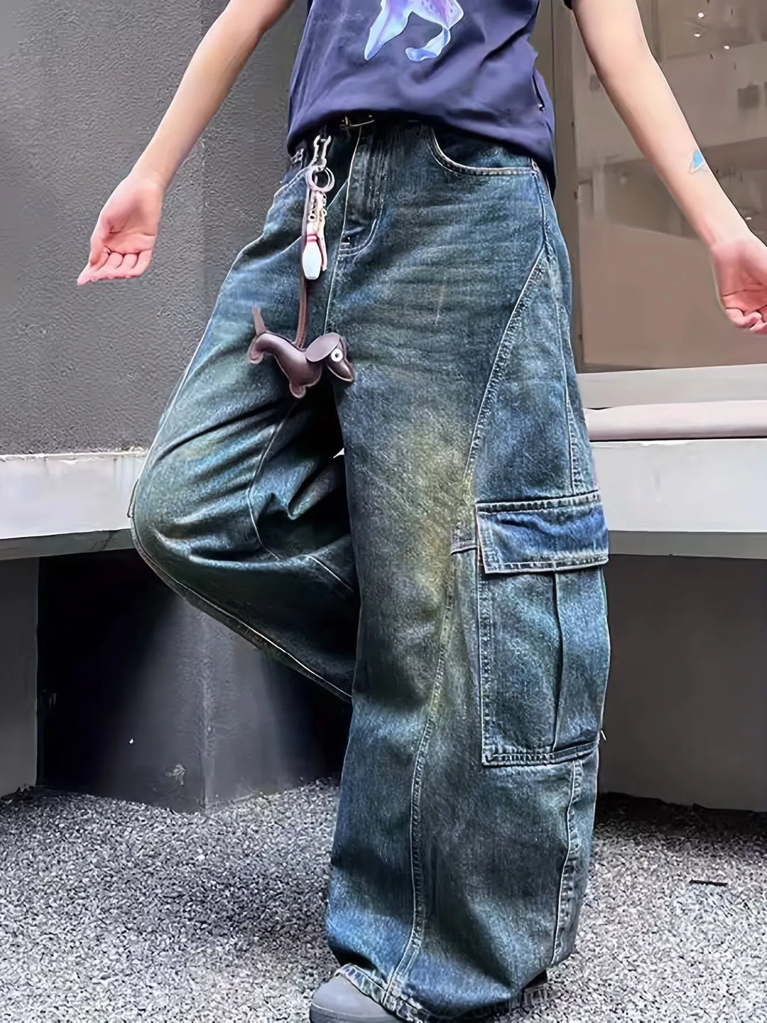 Distressed vintage wash wide leg cargo jeans