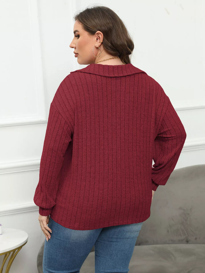 Plus size ribbed knit polo collar long-sleeve top