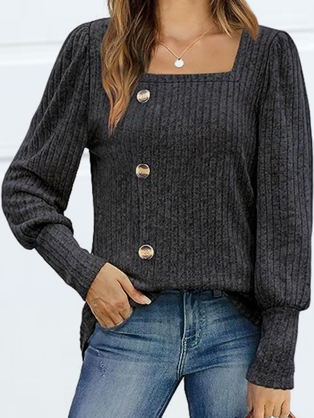 Black Ribbed knit square neck top with decorative buttons