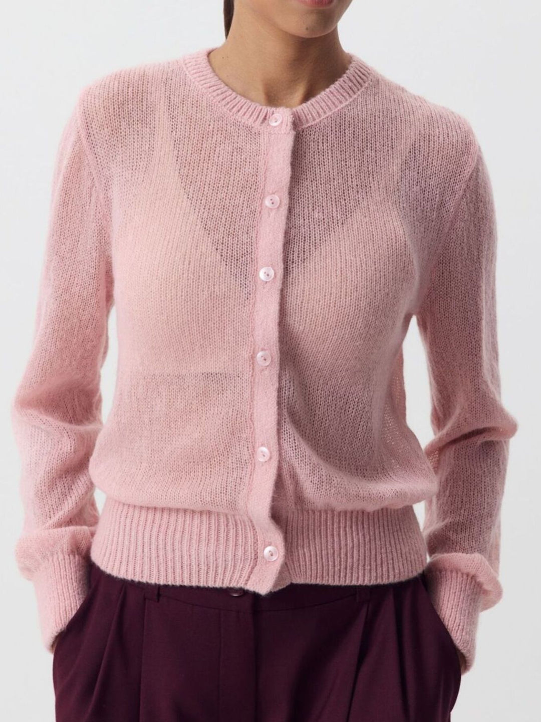 Pink Sheer open-knit button-front cardigan with long sleeves