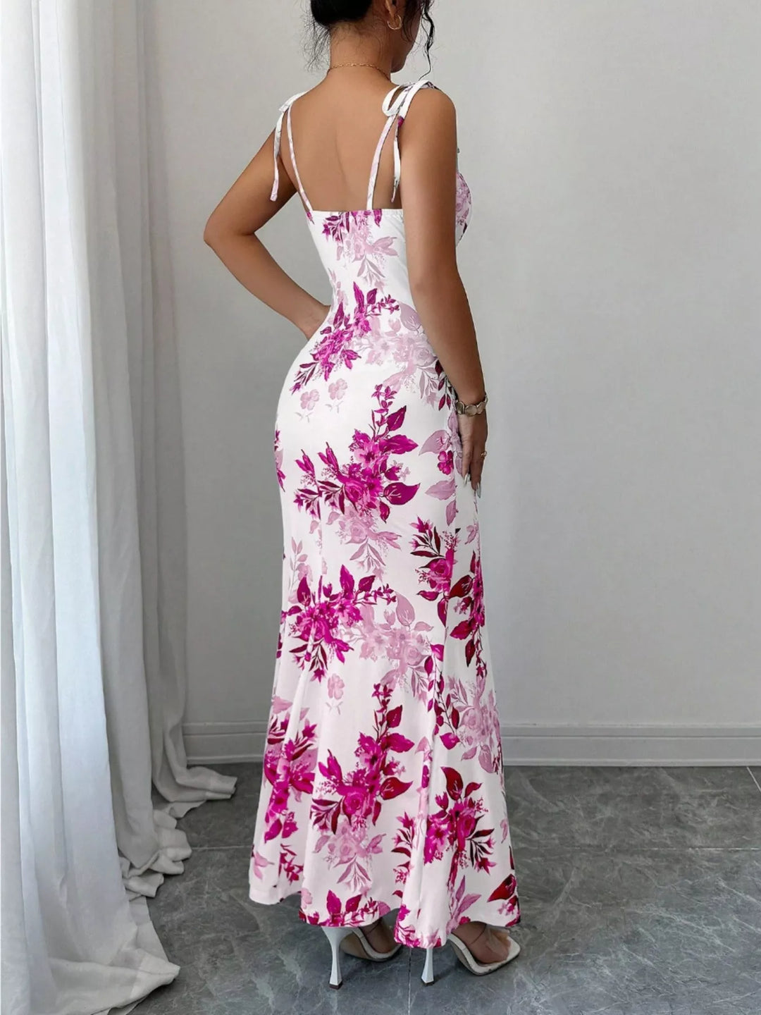 Floral print tie-strap maxi dress with side slit