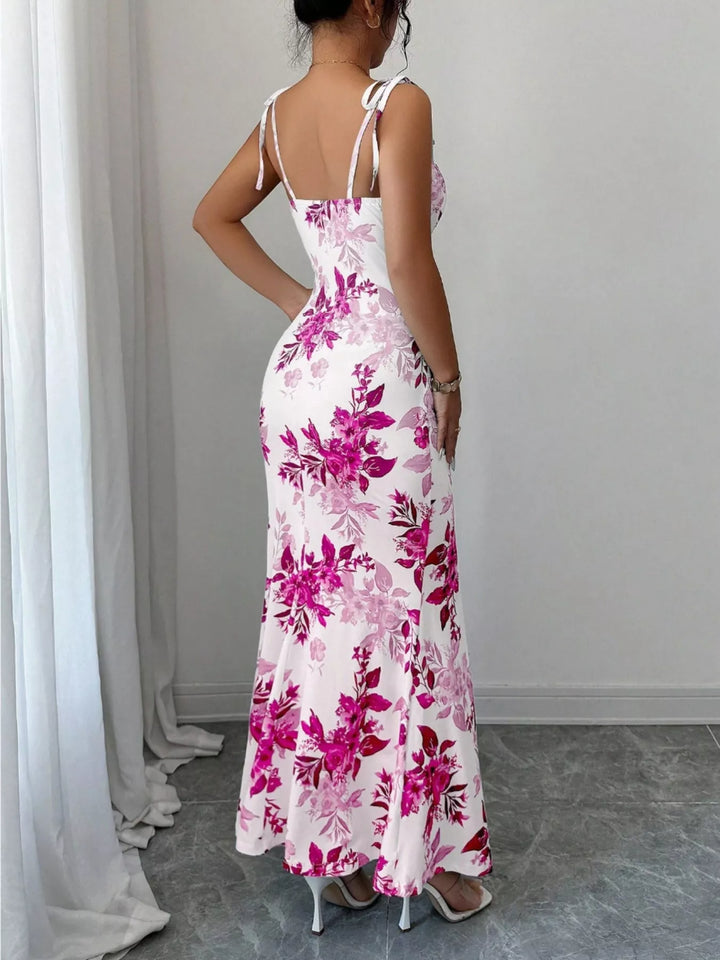 Floral print tie-strap maxi dress with side slit