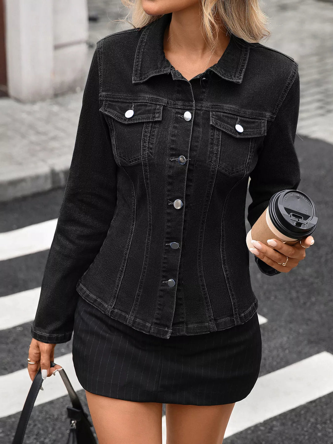 Black Fitted stretch denim jacket with flap chest pockets