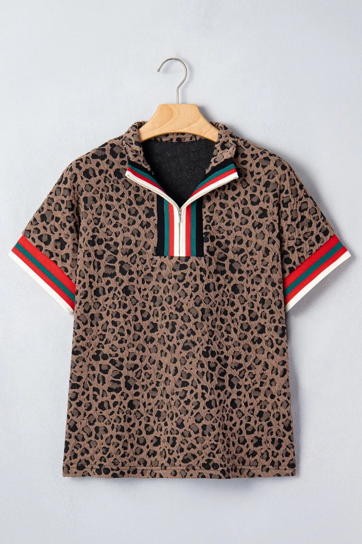 Leopard half-zip short sleeve top with striped collar and cuffs