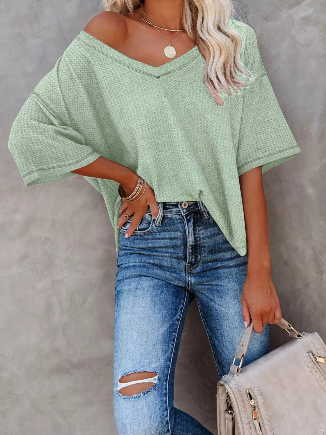 Waffle knit v-neck drop shoulder short sleeve tee