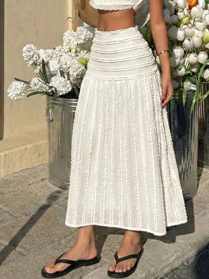 Ruched textured smocked-waist A-line midi skirt