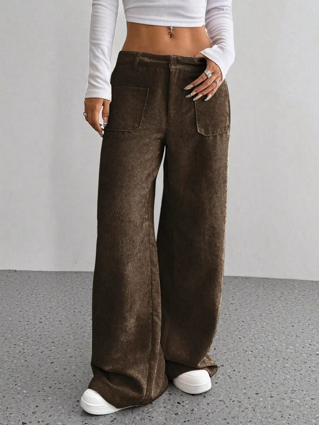 Corduroy wide-leg pants with front patch pockets