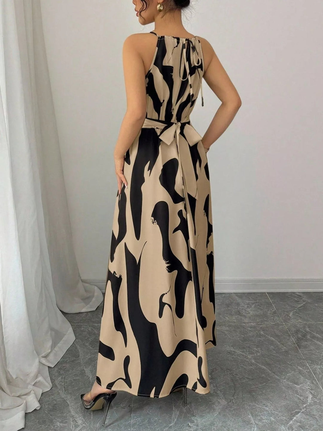 Abstract brushstroke print halter maxi dress with tie waist