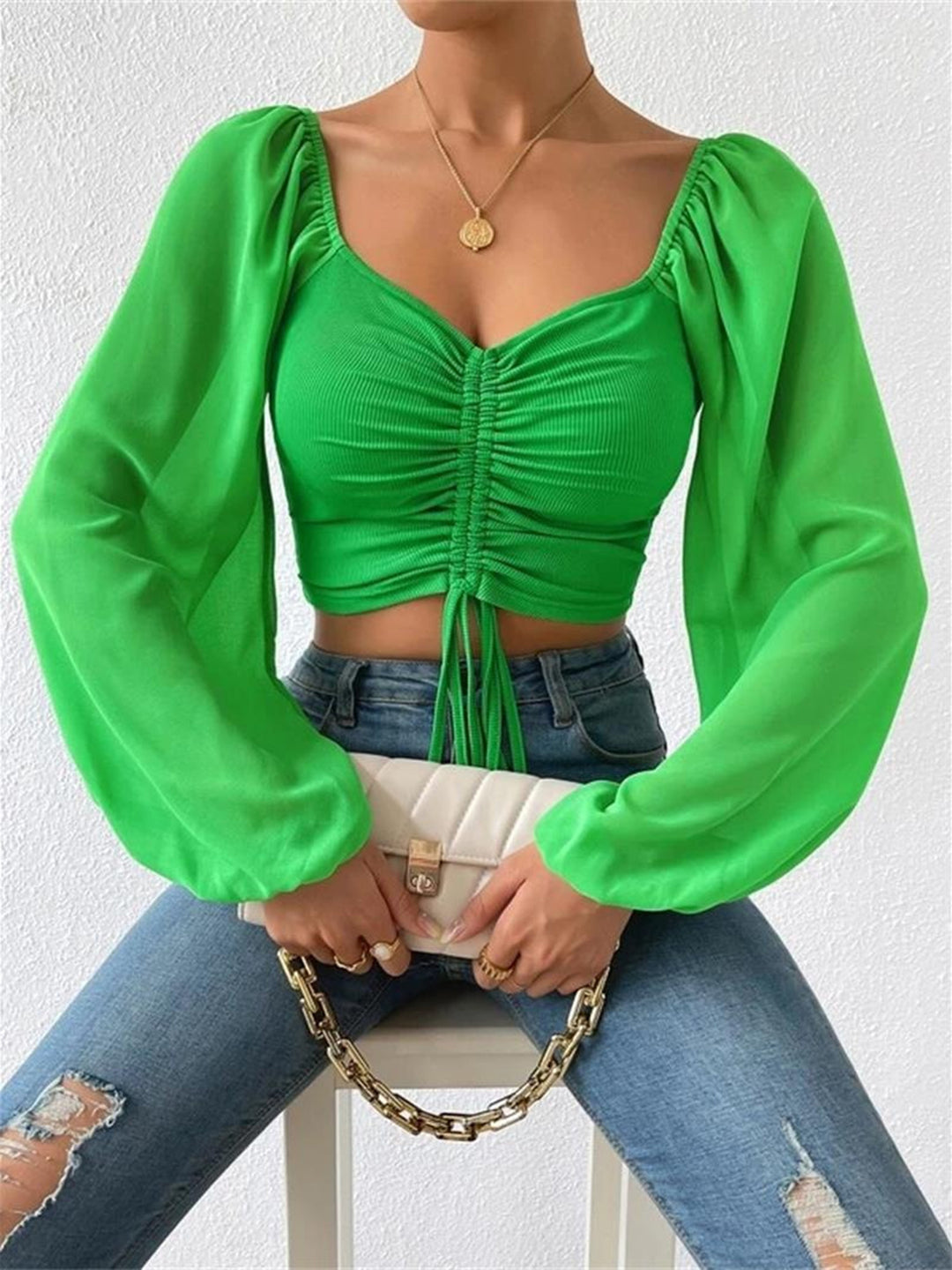 Mid Green Drawstring sweetheart neck crop top with sheer sleeves