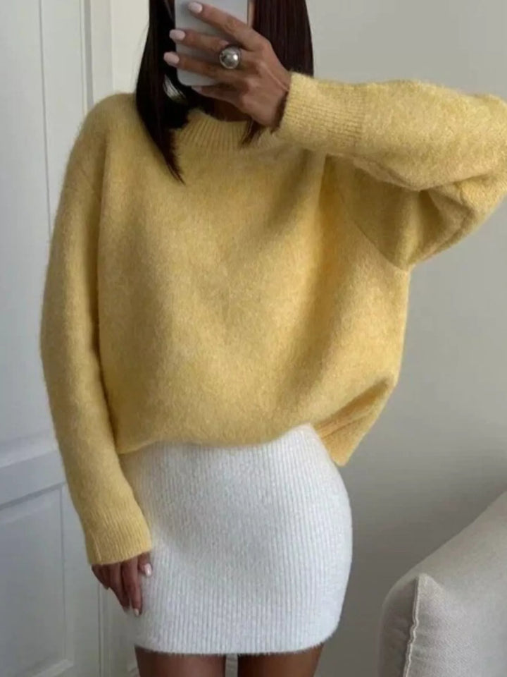 Dropped shoulder brushed knit crew neck sweater