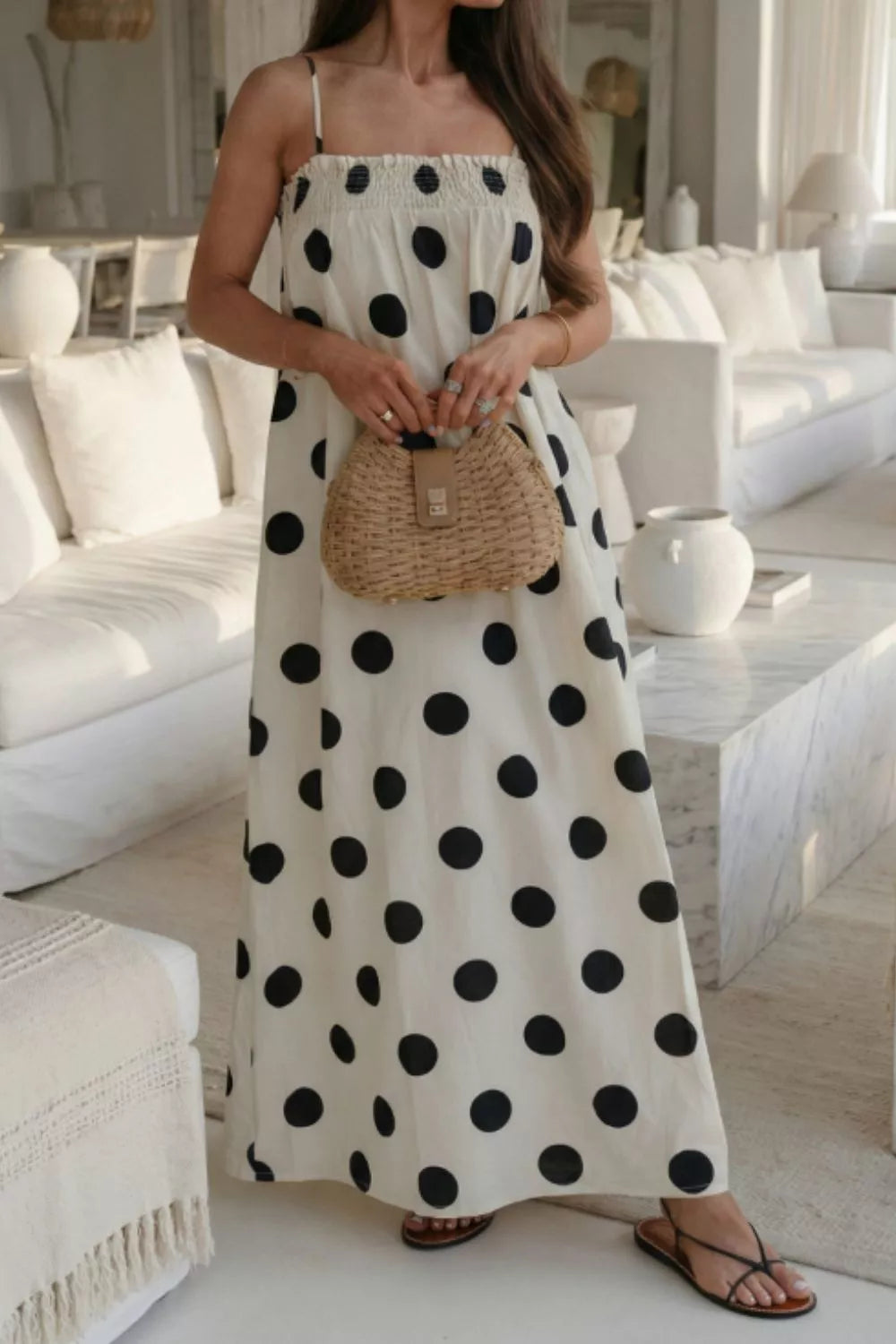 Polka dot smocked spaghetti strap maxi dress