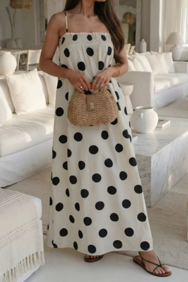 Polka dot smocked spaghetti strap maxi dress