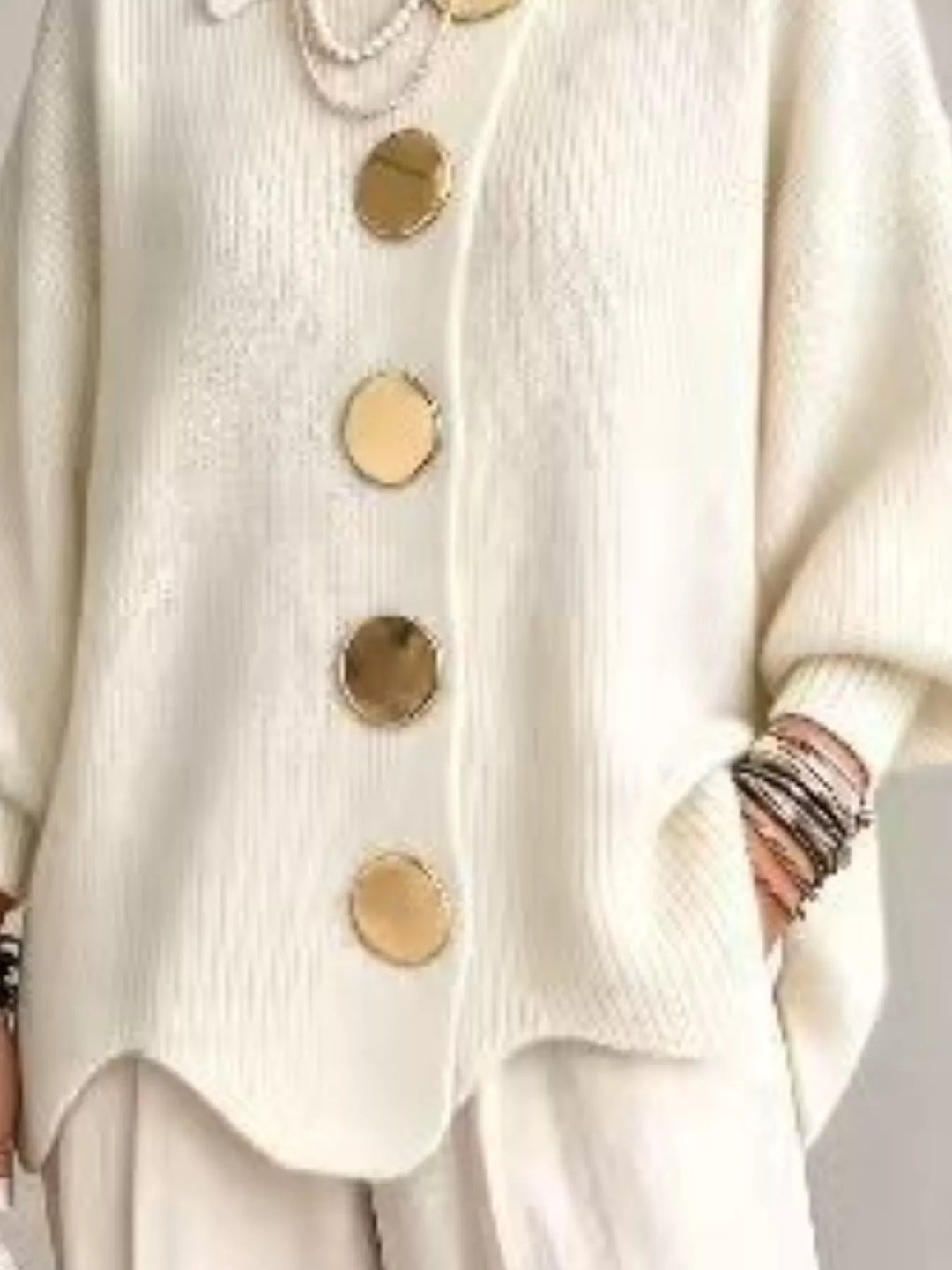 Oversized gold button ribbed knit collared cardigan