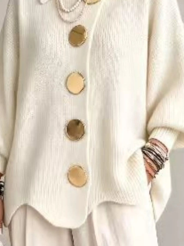 Oversized gold button ribbed knit collared cardigan
