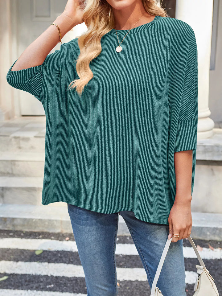 Ribbed knit dolman-sleeve relaxed crew neck top