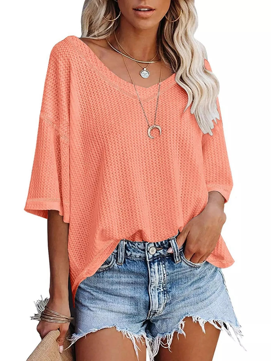 Coral Pink Waffle knit v-neck drop shoulder short sleeve tee