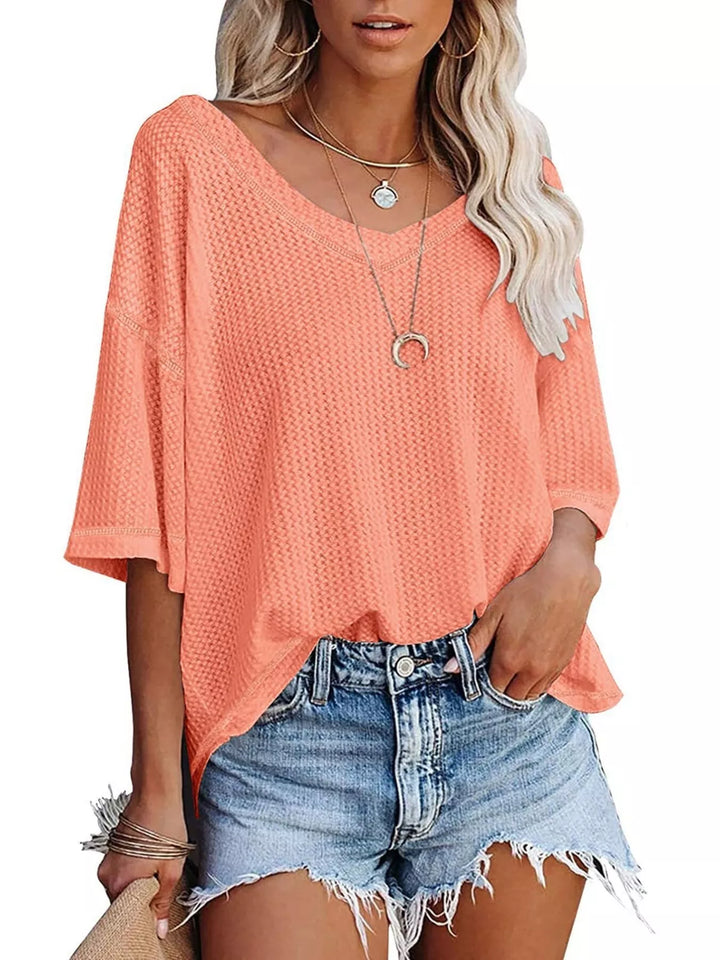 Coral Pink Waffle knit v-neck drop shoulder short sleeve tee
