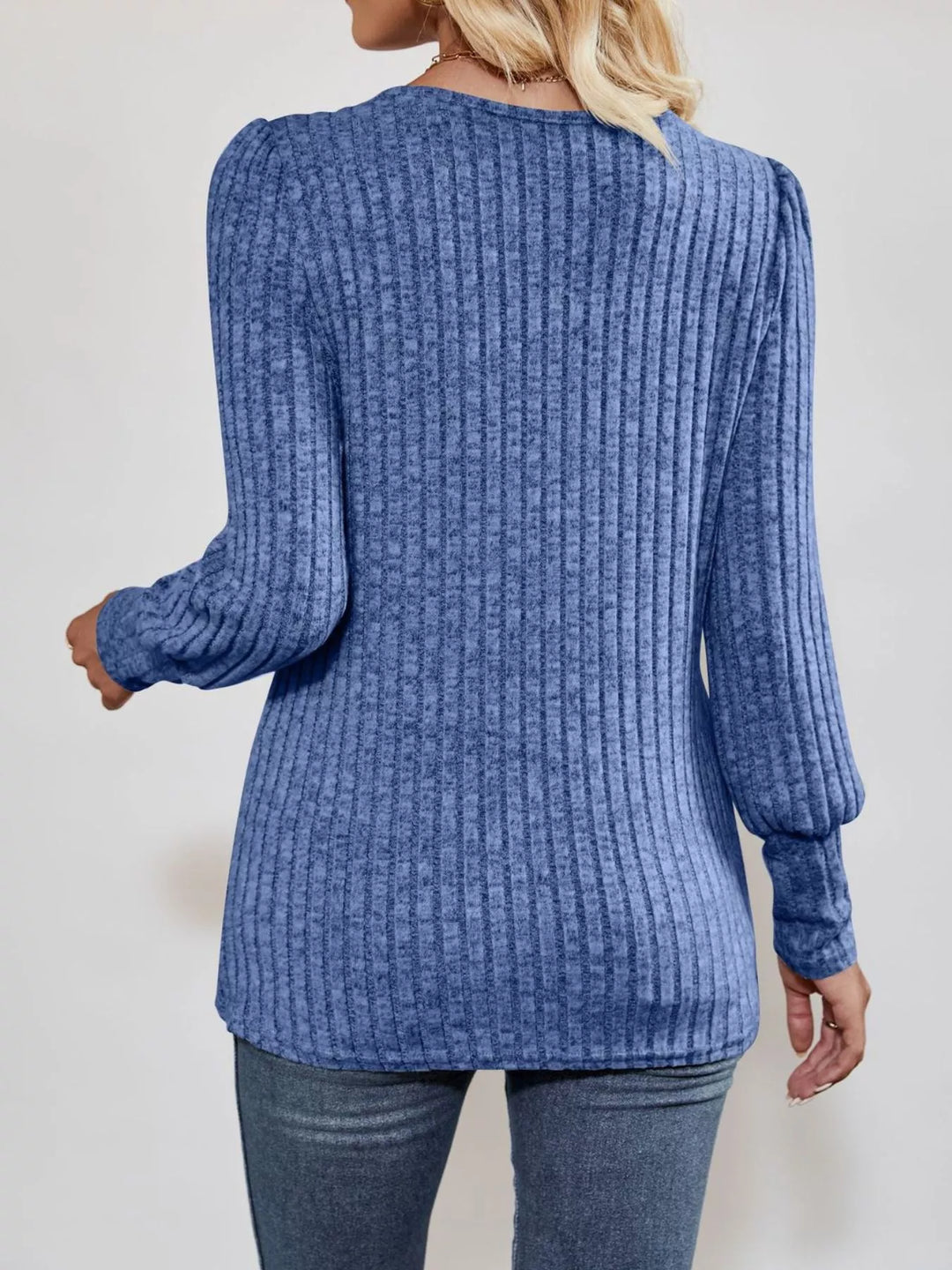 Ribbed knit square-neck top with button trim and side slit
