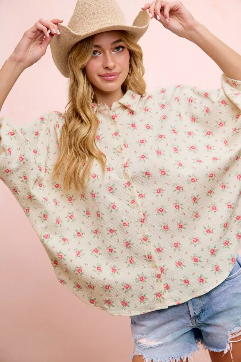 Ditsy floral short dolman blouse with button-front