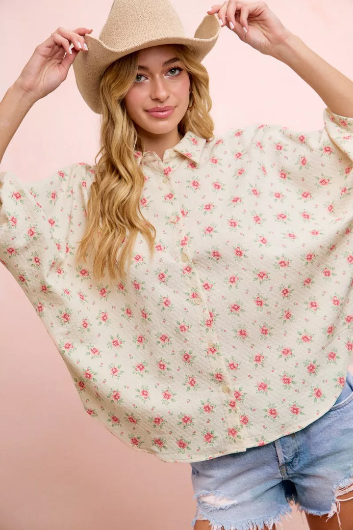 Ditsy floral short dolman blouse with button-front