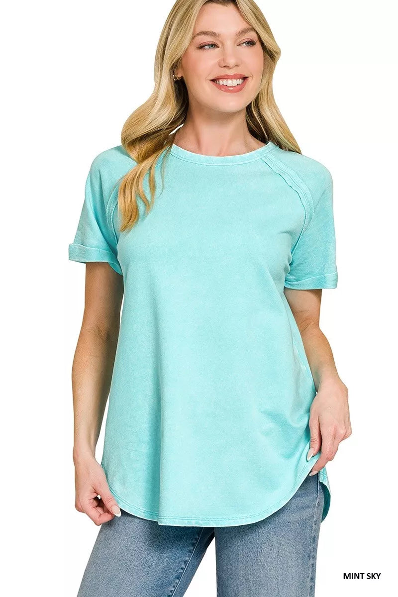 French terry washed curved hem top with raglan sleeves