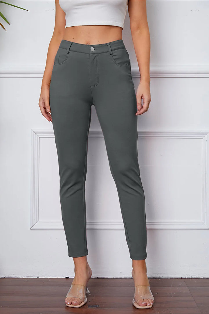 Dark Gray Slim-fit stretch ankle pants with five-pocket styling