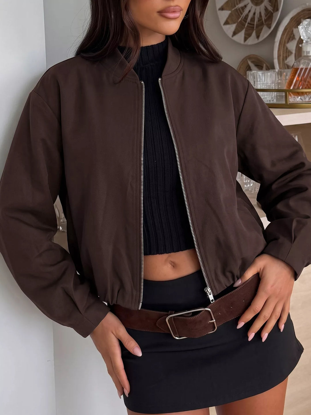 Coffee Brown Dropped shoulder zip-up bomber jacket with band collar