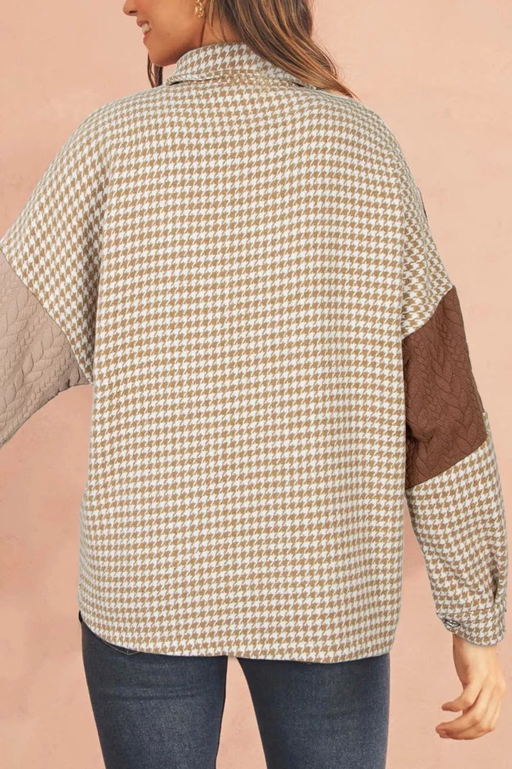 Houndstooth color block button-down shacket with chest pocket