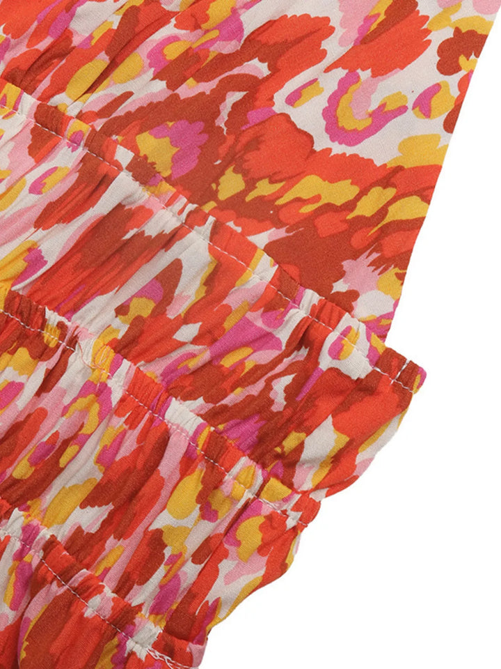 Abstract print smocked V-neck maxi sundress