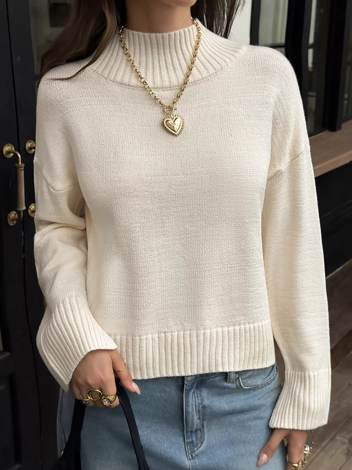 Mock neck dropped shoulder knit pullover sweater