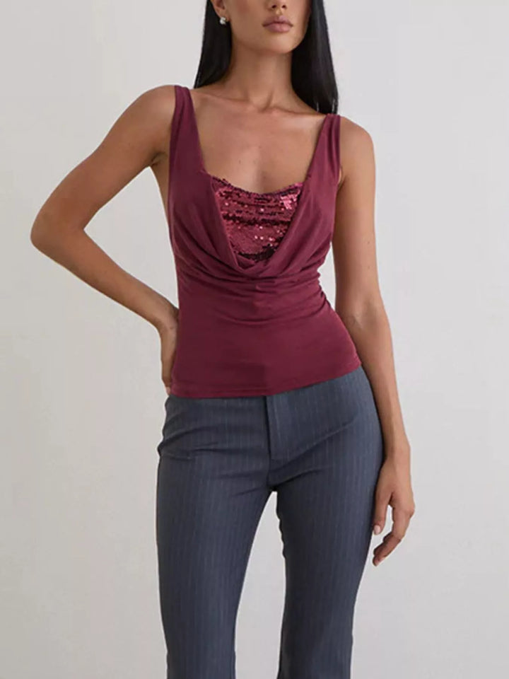 Cowl neck ruched tank top with sequin bust panel