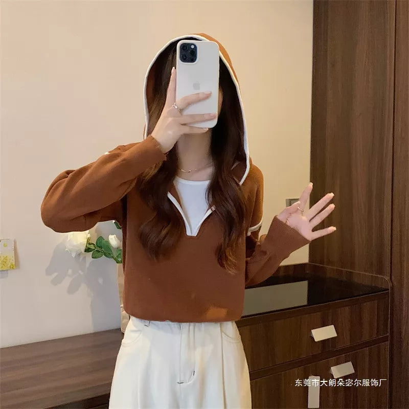 Contrast trim hooded pullover sweater with striped sleeves