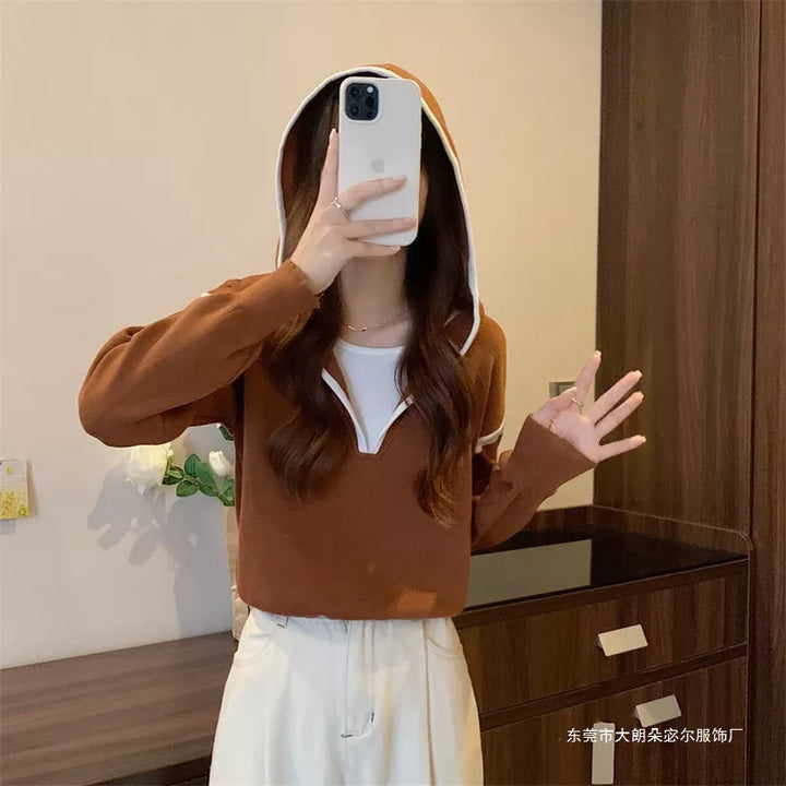Contrast trim hooded pullover sweater with striped sleeves