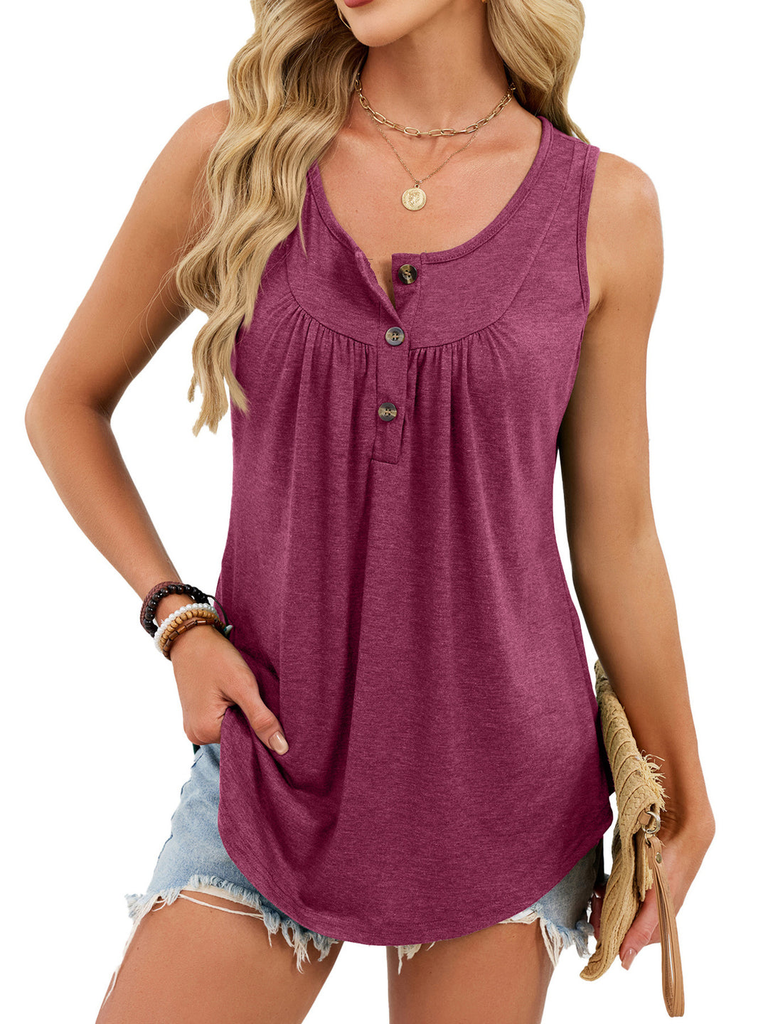 Wine Red Ruched button-front sleeveless round neck tank top