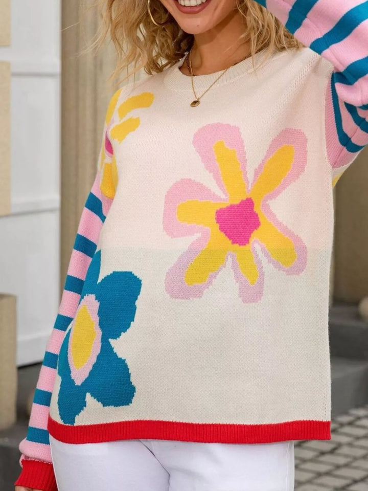 Mod floral crew neck sweater with striped sleeves