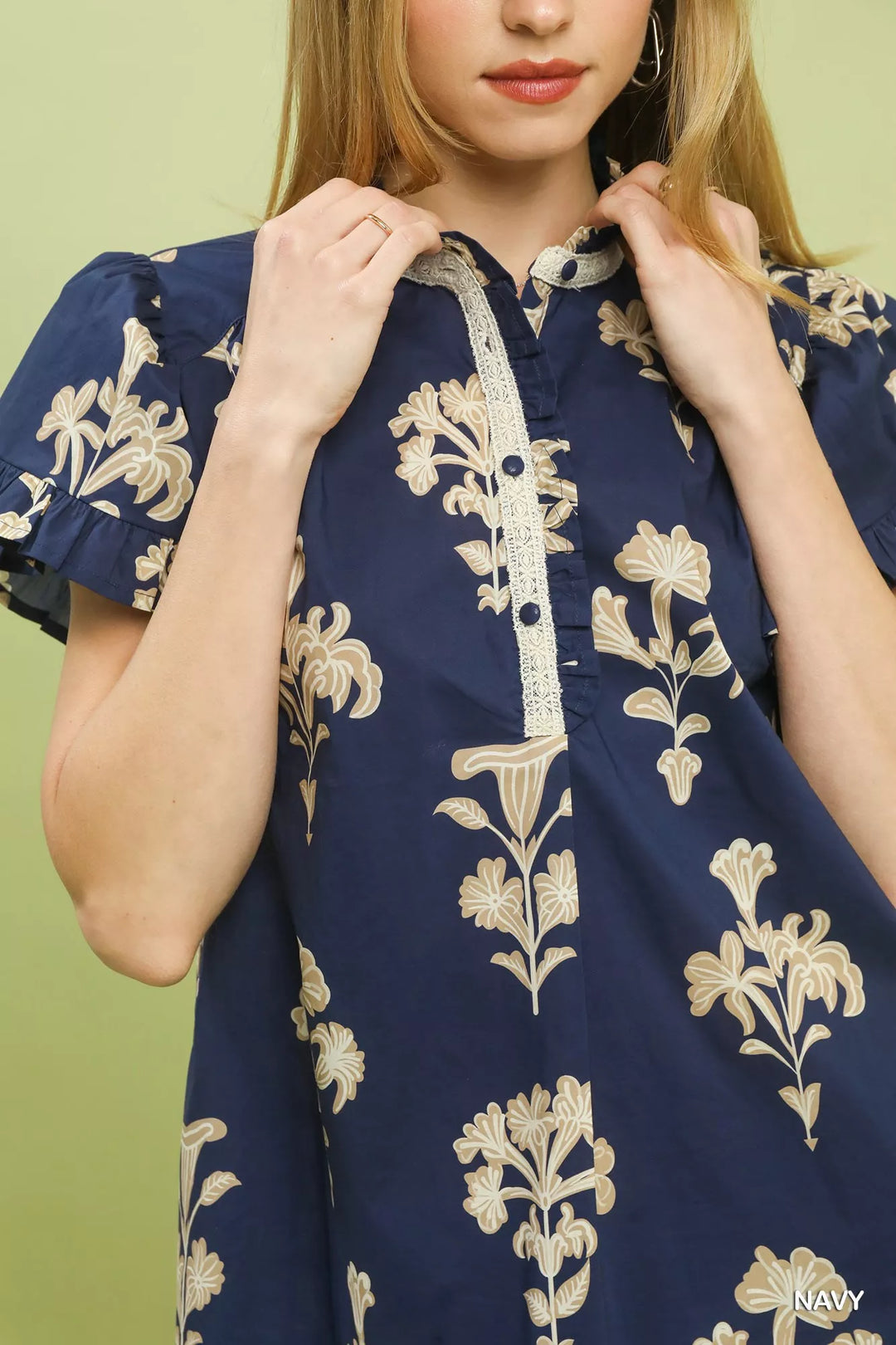 Floral ruffle sleeve top with lace-trim split neck