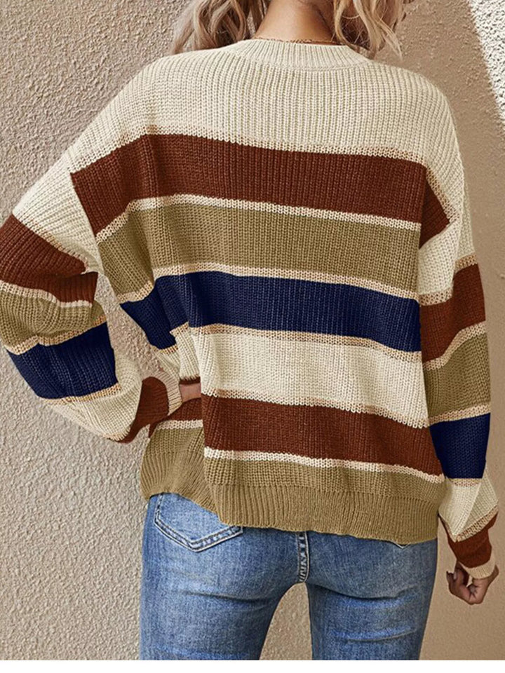 Color block striped crew neck knit sweater