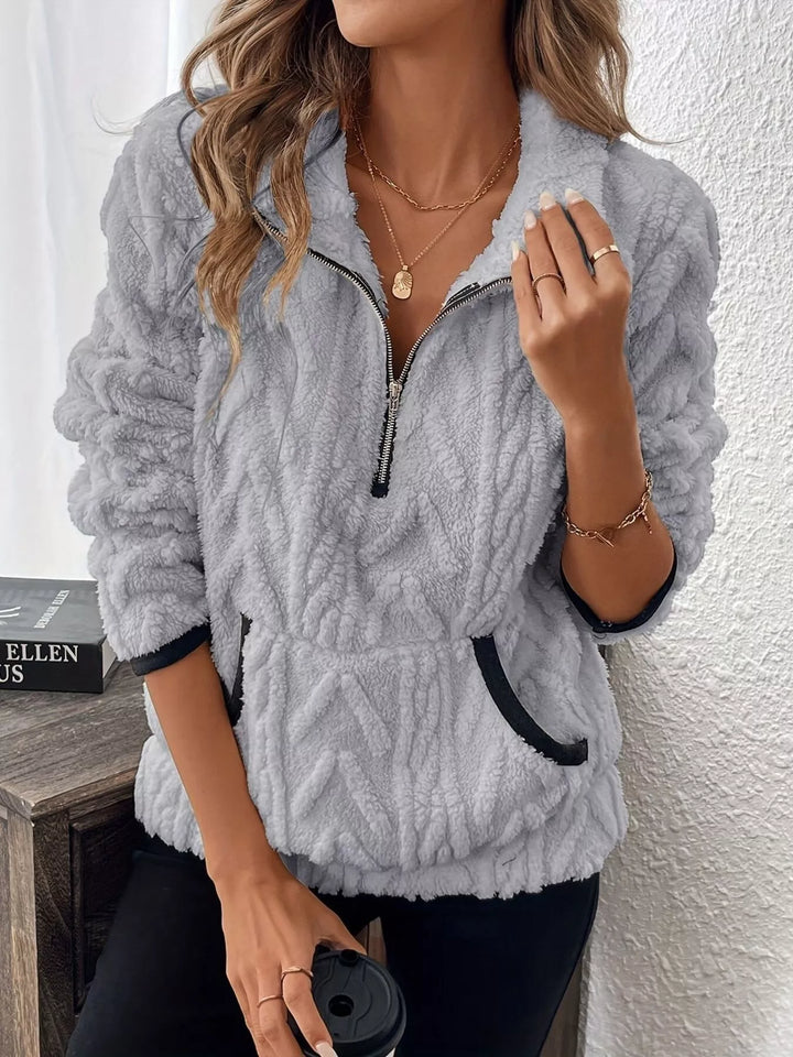 Light Gray Textured fleece half-zip pullover with kangaroo pocket