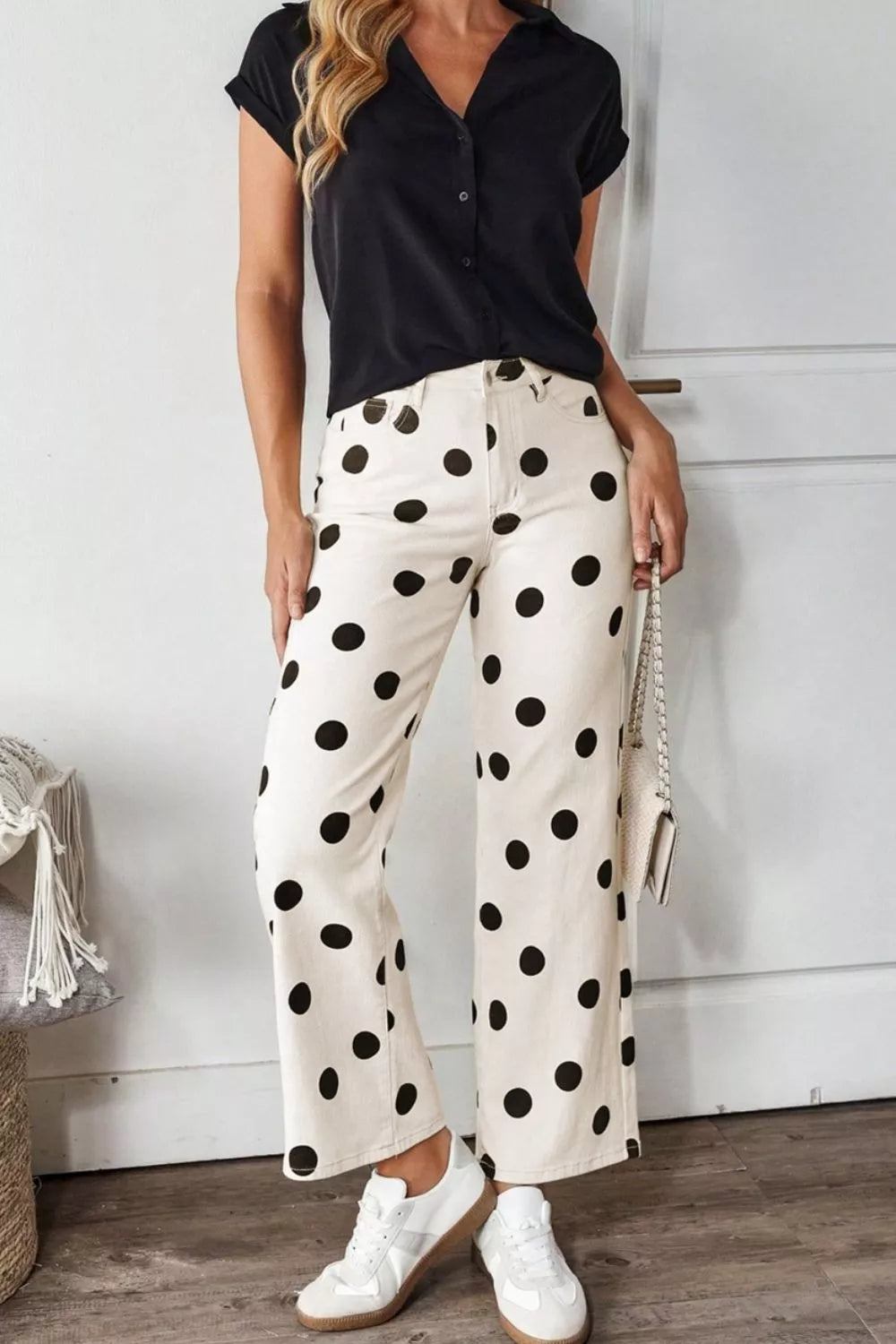 Polka dot wide-leg high-rise cropped jeans