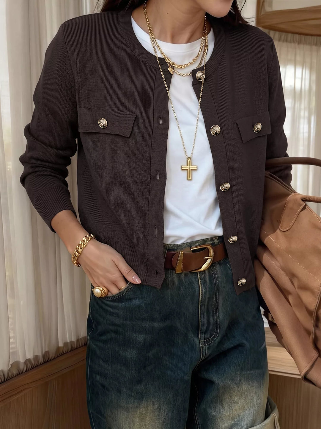 Coffee Brown Gold-button knit cardigan with flap chest pockets