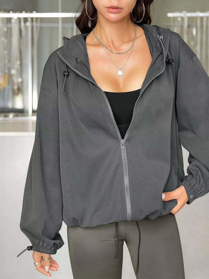Black Drawstring hooded zip-up windbreaker jacket with pockets