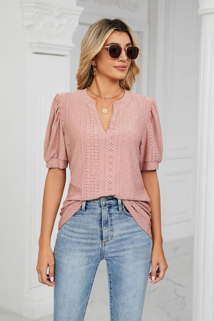 Eyelet puff sleeve top with notched V-neck