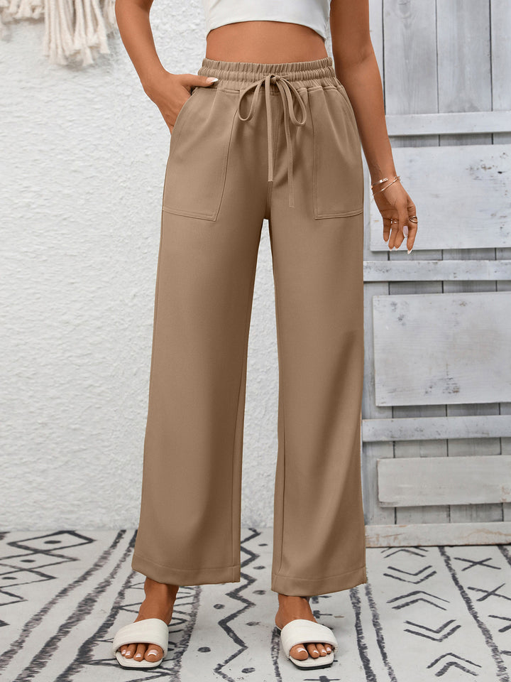 Khaki Drawstring wide leg pants with patch pockets