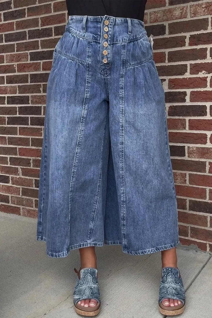 High-rise wide-leg button-fly jeans with pleated waist