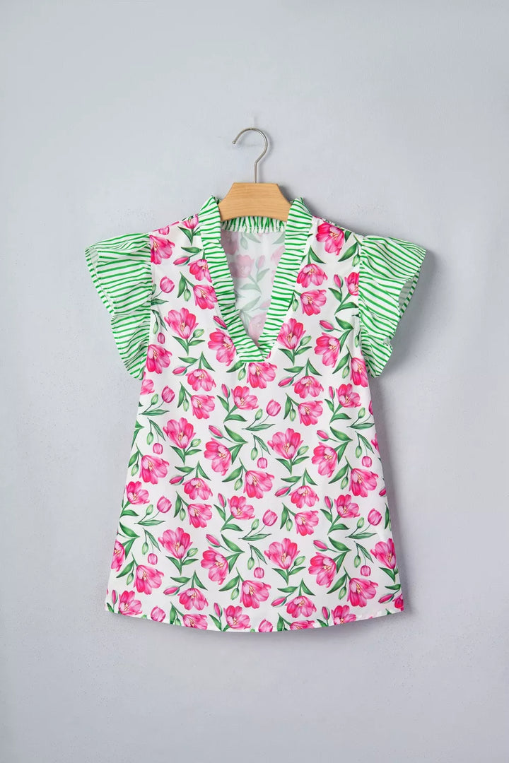 Floral print V-neck blouse with striped ruffle sleeves