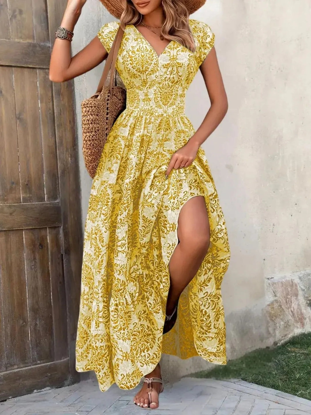 Yellow Flower Smocked tiered maxi dress with cap sleeves and side slit