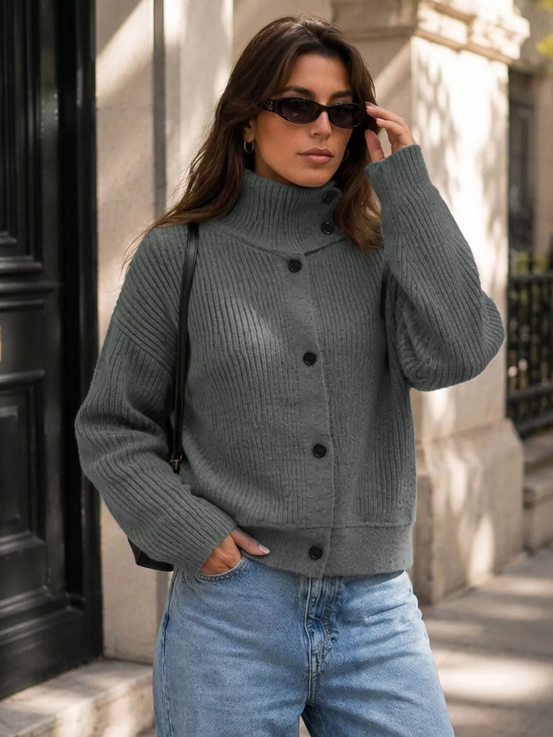 Dark Gray Ribbed knit mock neck button-front cardigan
