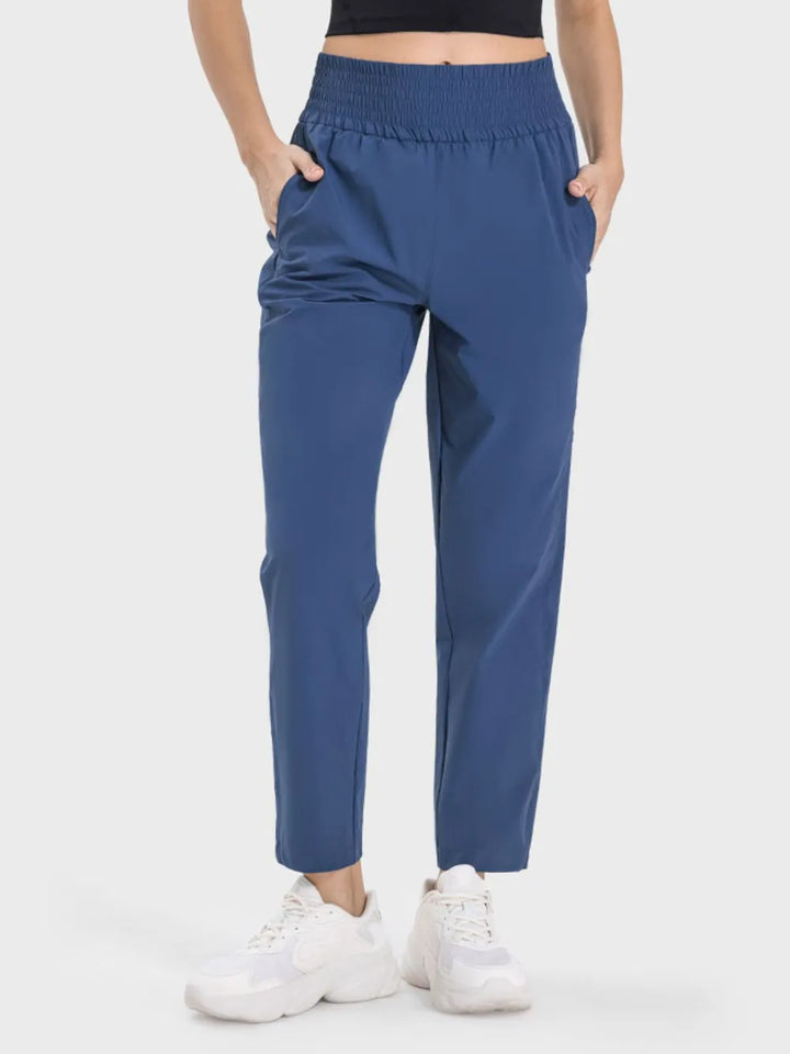 Peacock  Blue Smocked high-waist active pants with side pockets