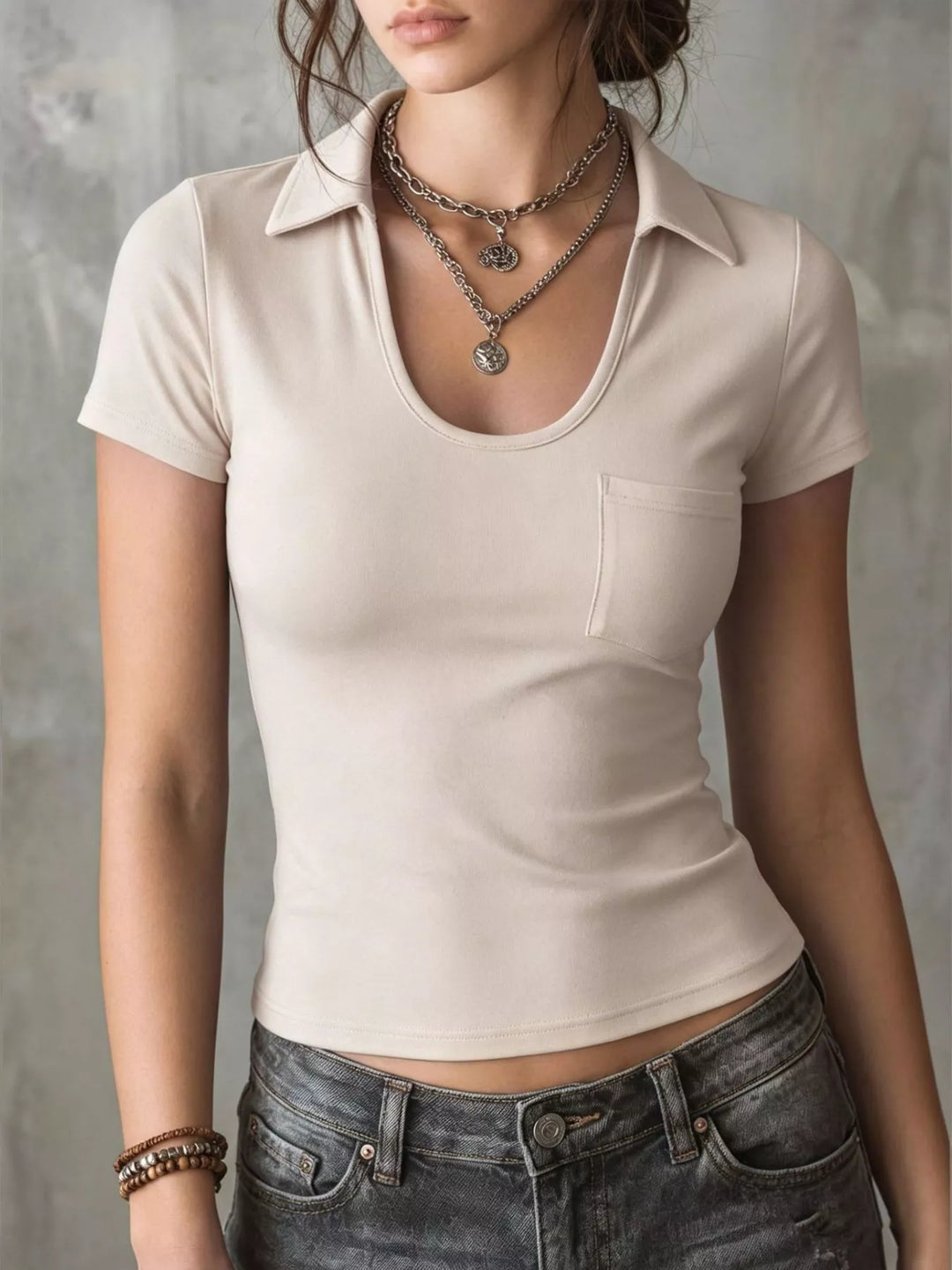 Short sleeve polo collar crop top with chest pocket